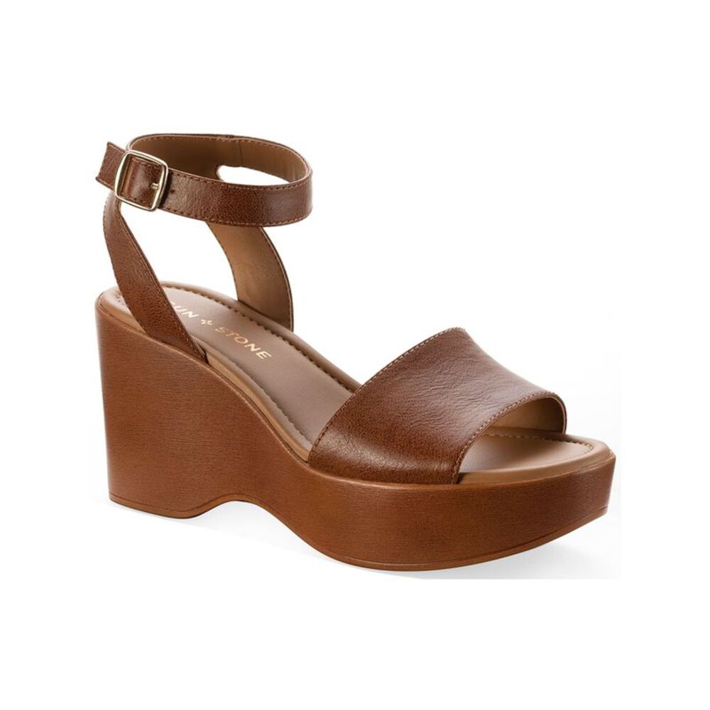 SUN STONE Womens Brown 1" Platform Audreey Round Toe Wedge Slingback Sandal 10 M